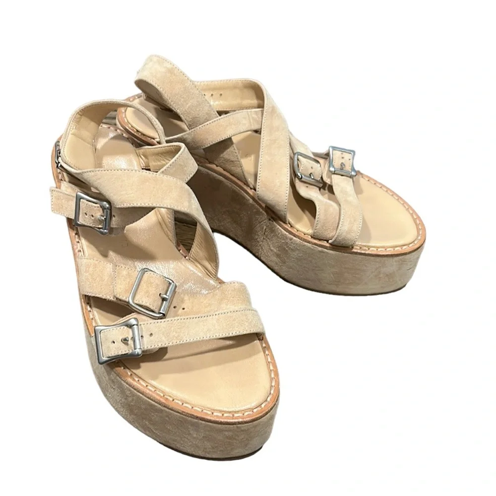 Ann Demeulemeester Cream Suede Platform Sandals EU 40 70s Boho Luxe Avant Garde